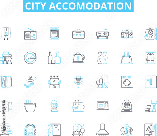 City accomodation linear icons set. Cosy, Centrality, Comfort, Ambiance, Convenience, Spacious, Accessibility line vector and concept signs. Luxury,Modern,Stylish outline illustrations Generative AI