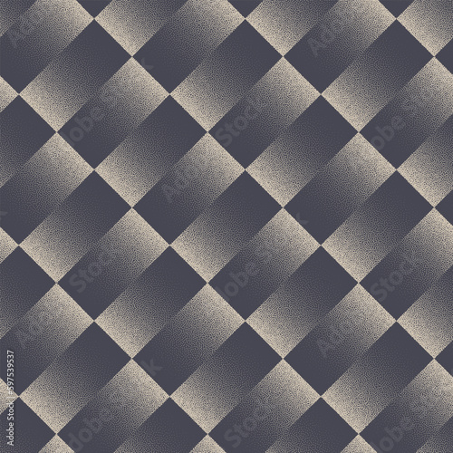 Checkered Geometric Tile Structure Seamless Pattern Vector Stippled Wallpaper. Tilted Motley Stripes Repetitive Abstract Background. Halftone Gradient Faded Texture. Textile Print Dotwork Illustration