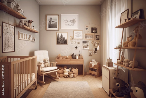 Modern apartment kids room design in neutral color palette with touches of warm and earthy tones with Scandinavian furniture that maintains the room s clean lines and functional design. Generative AI