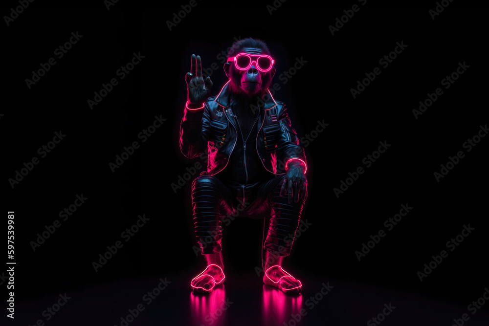 Stylish Macaque Monkey in Leather Jacket with Neon Lights, Generative 