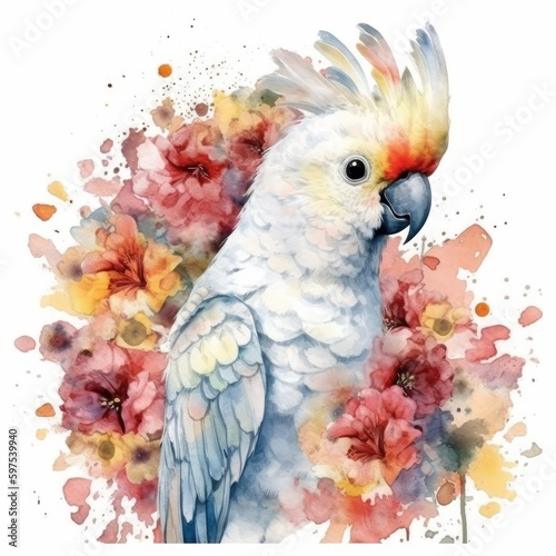Colorful Watercolor Painting of a Delightful Baby Cockatoo in a Flower Field - Wildlife Art - Ideal for Art Prints and Greeting Cards - Generative AI © Alex