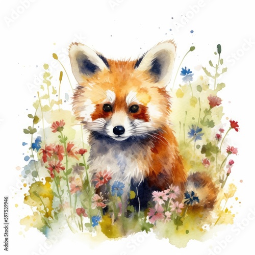 Watercolor Painting of a Playful Red Panda in a Colorful Flower Field - Wildlife Art - Ideal for Art Prints and Greeting Cards - Generative AI