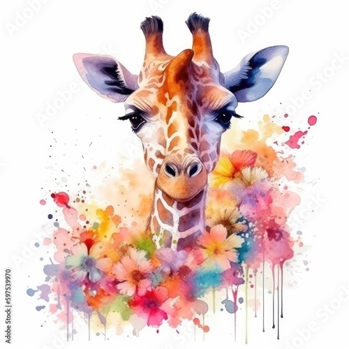 Watercolor Painting of Baby Giraffe in Colorful Flower Field - Wildlife Art - Ideal for Art Prints and Greeting Cards - Generative AI