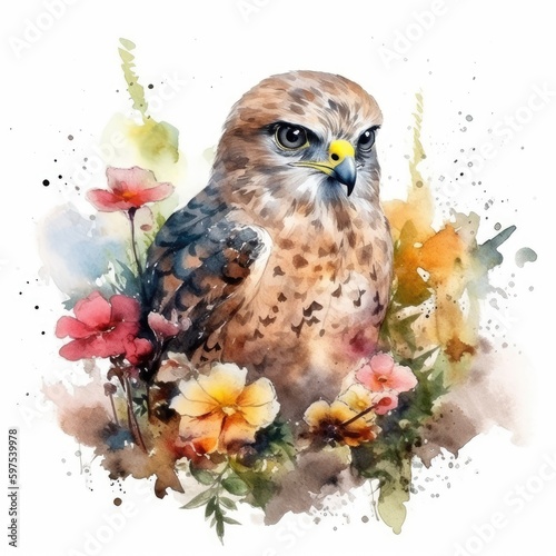 Adorable Baby Hawk in a Colorful Flower Field - Watercolor Painting - Ideal for Art Prints and Greeting Cards - Wildlife Art - Nursery Decor - Generative AI