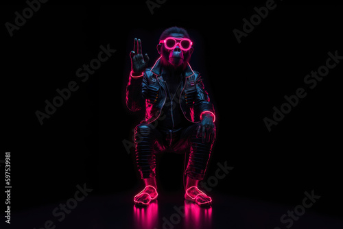 Stylish Macaque Monkey in Leather Jacket with Neon Lights, Generative  © gankevstock