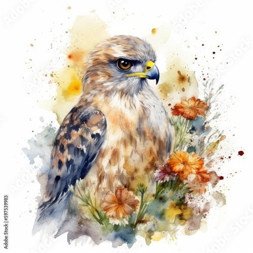 Watercolor Painting of a Cute Baby Hawk in a Colorful Flower Field - Wildlife Art - Ideal for Art Prints and Greeting Cards - Generative AI