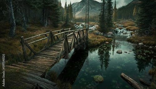little bridge over the river in the wilderness design illustration