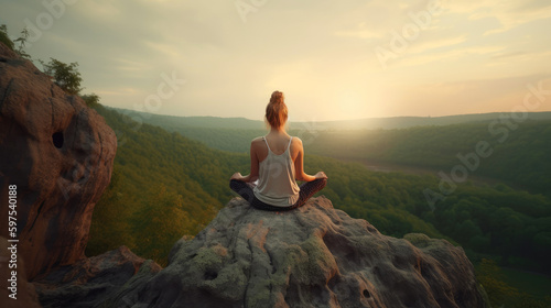 Young woman meditating on top of a mountain. Generative AI