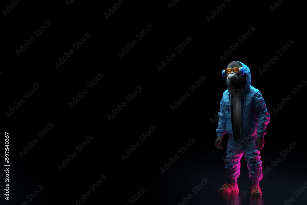 stylish macaque in headphones on a dark neon light background, copy space, Generative AI stylish macaque in headphones on a dark neon light background, copy space, Generative AI