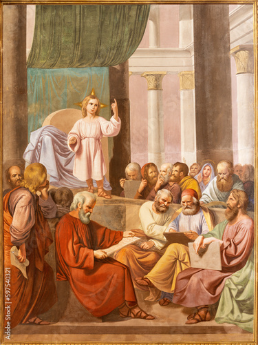 GENOVA, ITALY - MARCH 6, 2023: The fresco of Twelve old Jesus in Temple in the church Santuario di San Franceso da Paola by Giuseppe Isola (1840).