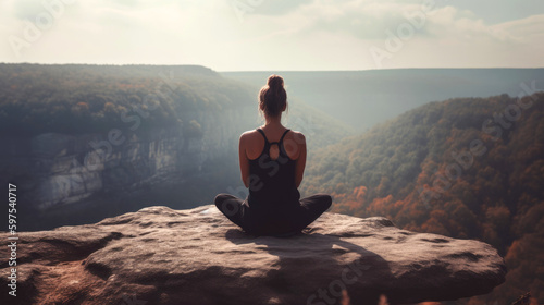 Young woman meditating on top of a mountain. Generative AI