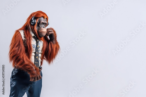 fashionably dressed orangutan in headphones on a white background, Generative AI