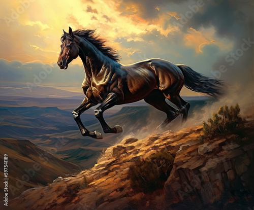 Black Horse on a Top of Hill at Sunset .AI generated Illustration.