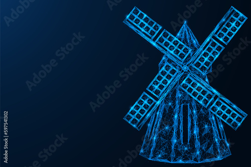 Windy grain mill. Polygonal design of interconnected lines and points. Blue background.
