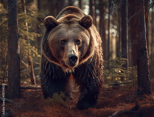  Grizzly Bear Walking in the Woods. AI generated Illustration.