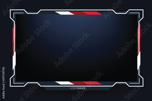 Stream overlay. Dark theme gaming video template with game screen, live chat and webcam frames Twitch stream panel overlay template. Digital streaming screen interface