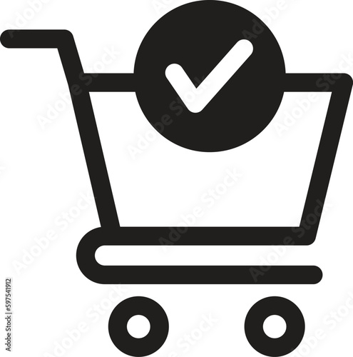 Shopping cart and check mark icon vector completed order