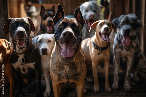 Dynamic Group of Dogs with Playful Expressions Outside