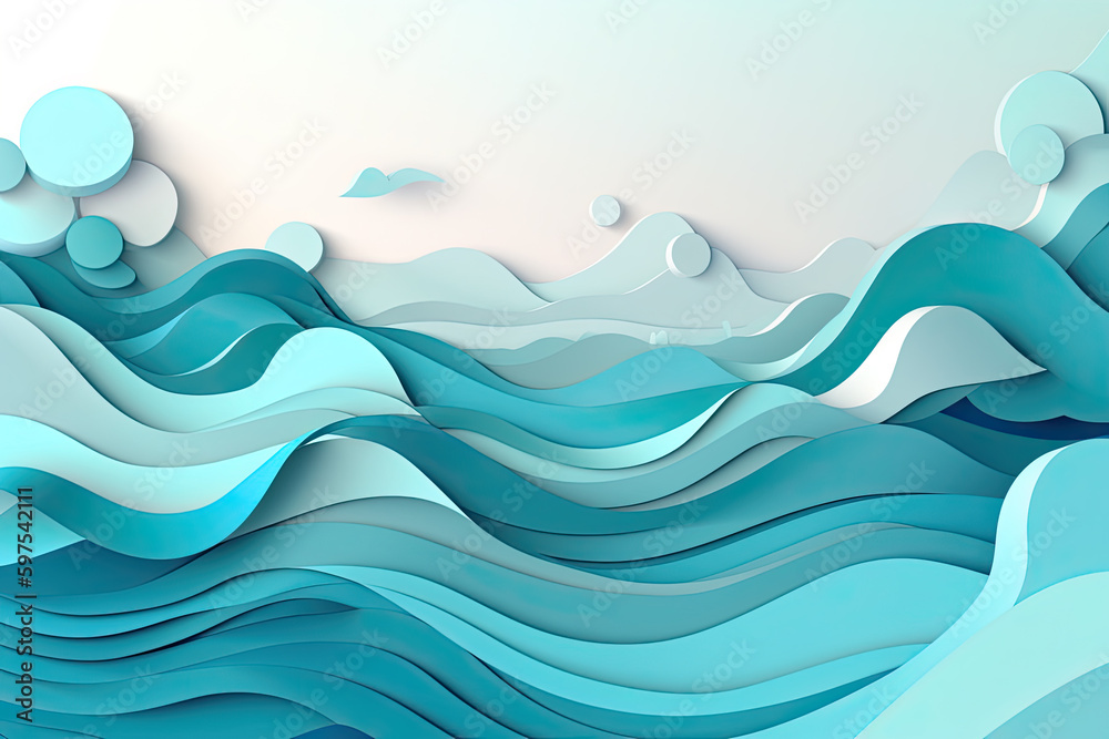 Abstract blue sea and beach summer background with curve paper waves and seacoast for banner, flyer, invitation. Paper cut out art style, space for text, vector illustration. Ai generated