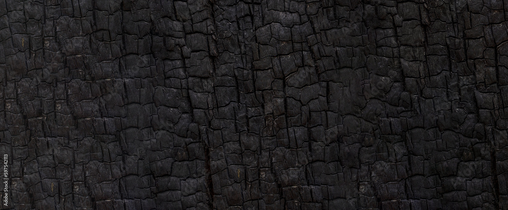 Burned wood texture. Black background, Details on the surface of charcoal, burnt wood texture, Grunge, burning fire, Dark material. - obrazy, fototapety, plakaty 
