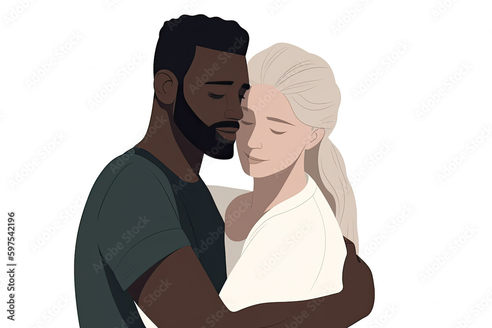 Multiracial couple hugging illustration flat design cartoon character. Ai generative