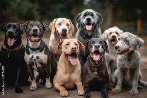 Dynamic Group of Dogs with Playful Expressions Outside