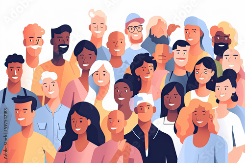 Diverse men and women portrait. Group of happy people of different age, generation and race. Multiracial crowd. Diversity in society concept. Flat vector illustration. Ai generative