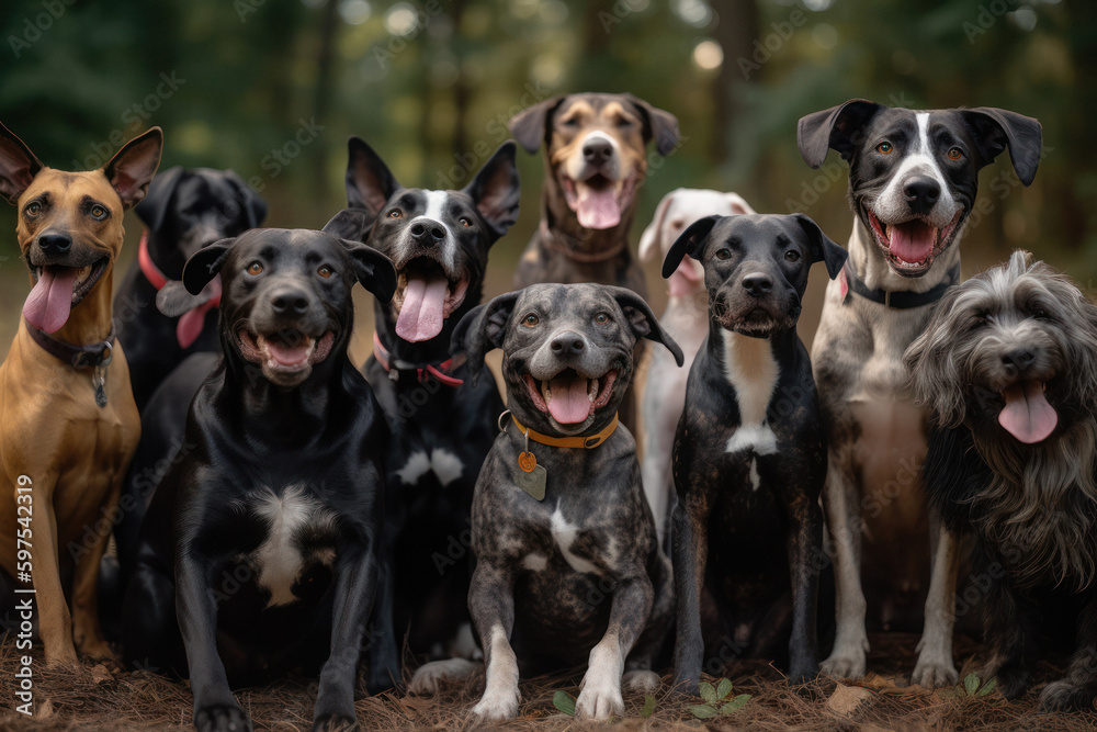 Playful Pack of Dogs with Joyful Expressions Outside Playful Pack of Dogs with Joyful Expressions Outside