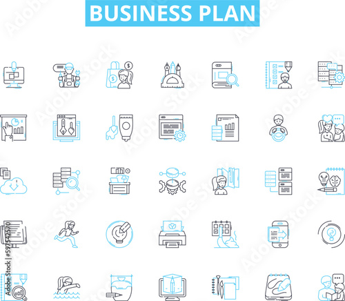 Business plan linear icons set. Strategy, Profitability, Marketing, Analysis, Forecasting, Funding, Goals line vector and concept signs. Expansion,Investment,Execution outline illustrations