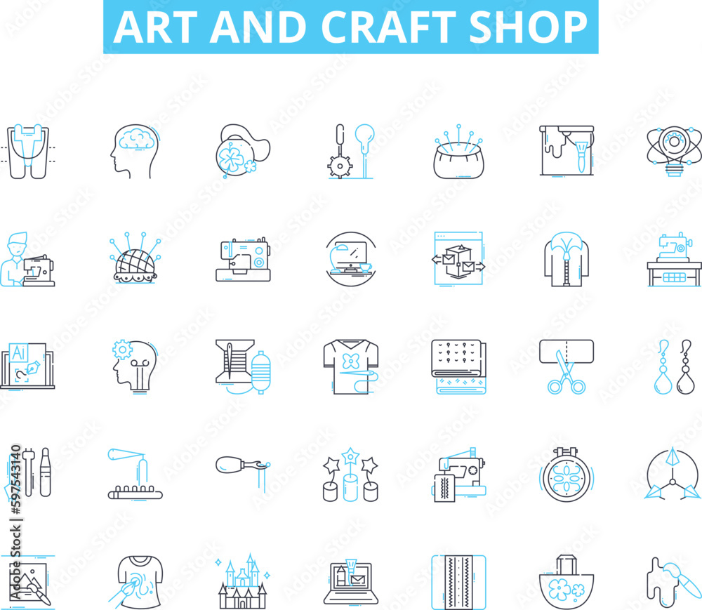 Art and craft shop linear icons set. Paint, Canvas, Sculpture, Clay, Mosaic, Beads, Paper line vector and concept signs. Fabric,Yarn,Crochet outline illustrations Generative AI