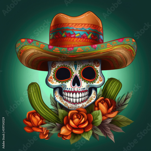 Day of the Dead Sugar Skull in sambrero with cactus and red roses Generative AI photo