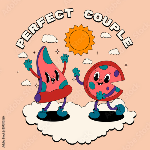 groovy retro cartoon pizza character. Modern sticker with pizza. Funny faces with distorted eyes and vibrant colors. Flowing texture. Crazy vector illustration.