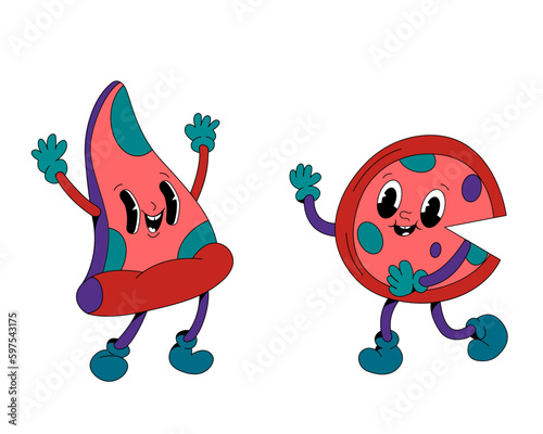groovy retro cartoon pizza character. Modern sticker with pizza. Funny faces with distorted eyes and vibrant colors. Flowing texture. Crazy vector illustration.