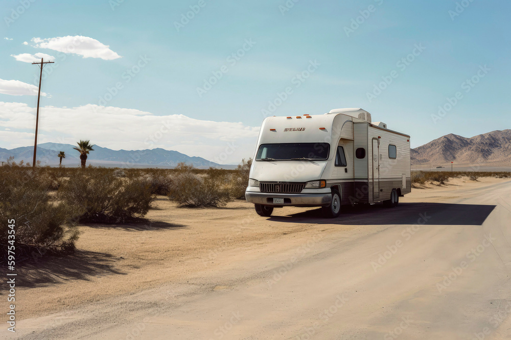 Generative AI illustration of RV trailer driving on the road at sunset in holidays