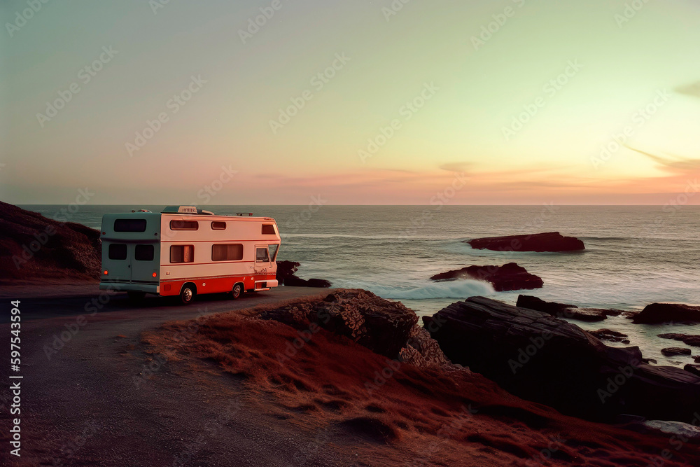 Generative AI illustration of RV trailer parked in a field next to the ocean with sunset light in holidays
