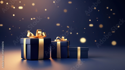 Dark blue gift boxes adorned with golden bows and ribbons, decorated with Xmas lights on a blue background. AI generative illustration to create a festive atmosphere. © tilialucida