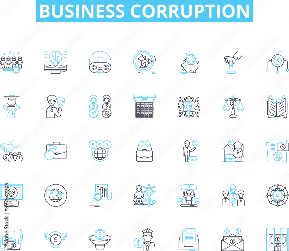 Business corruption linear icons set. Bribery, Embezzlement, Fraud, Scandal, Manipulation, Kickbacks, Misappropriation line vector and concept signs. Dishsty,Nepotism,Collusion outline Generative AI