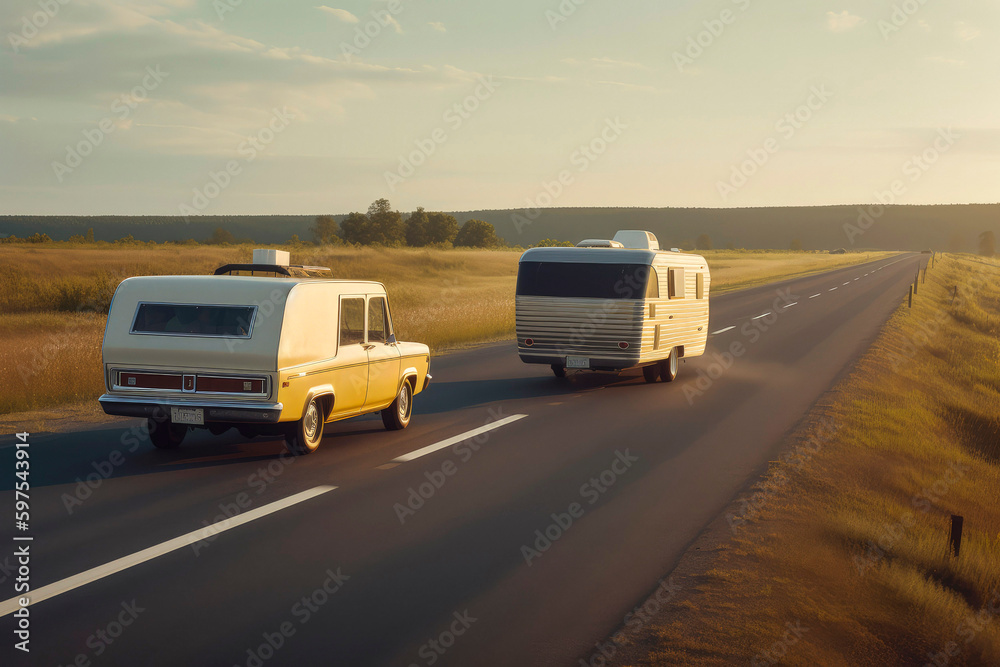 Generative AI illustration of RV trailer driving on the road at sunset in holidays