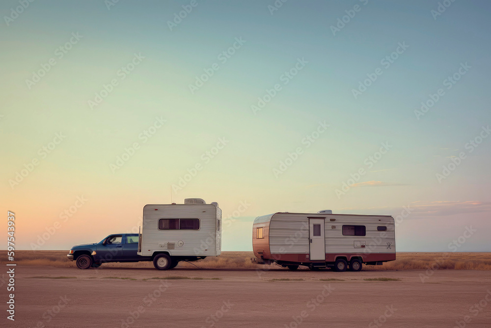Generative AI illustration of RV trailer driving on the road at sunset in holidays
