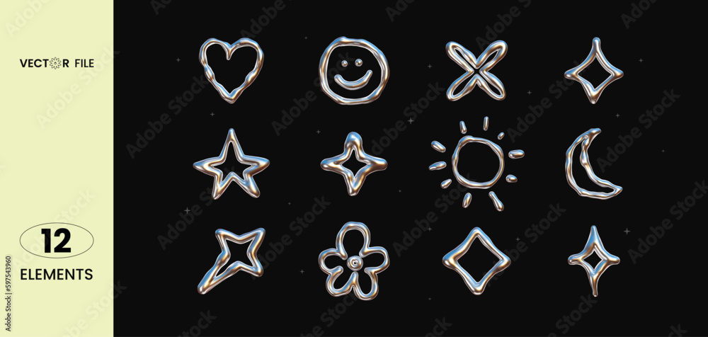 Vector illustration - Set of chrome Y2K elements. Trendy shapes with  glossy liquid metal effect. Stickers heart, stars, smile, sun, moon, flowers. Great for your design web or print projects. - obrazy, fototapety, plakaty 