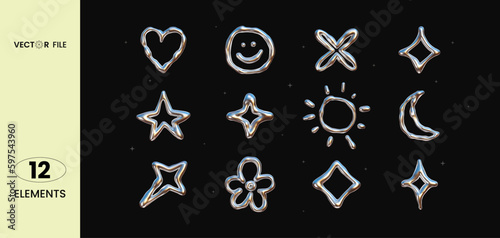 Vector illustration - Set of chrome Y2K elements. Trendy shapes with  glossy liquid metal effect. Stickers heart, stars, smile, sun, moon, flowers. Great for your design web or print projects.
