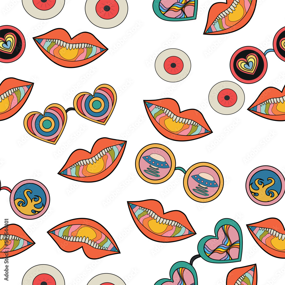 seamless multicolored psychedelic pattern with different elements in the retro hippie style of the 60s - 70s. Vector graphics.