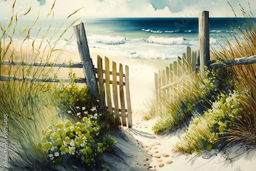 Summer Serenity: A Watercolor Painting of an Ocean Summer Scene with a Beach, Fence, Bike.