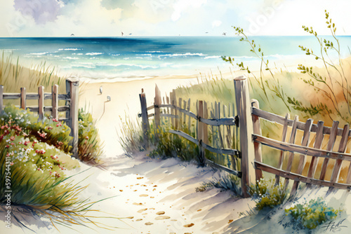 Summer Serenity: A Watercolor Painting of an Ocean Summer Scene with a Beach, Fence, Bike.