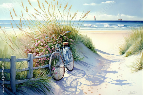 Summer Serenity: A Watercolor Painting of an Ocean Summer Scene with a Beach, Fence, Bike.