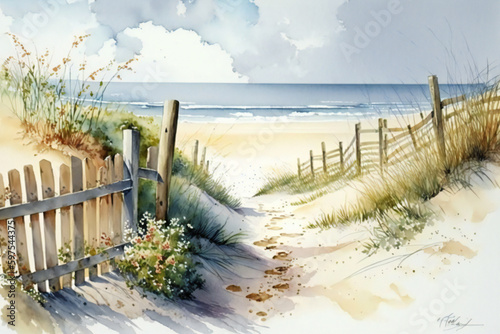 Summer Serenity: A Watercolor Painting of an Ocean Summer Scene with a Beach, Fence, Bike.