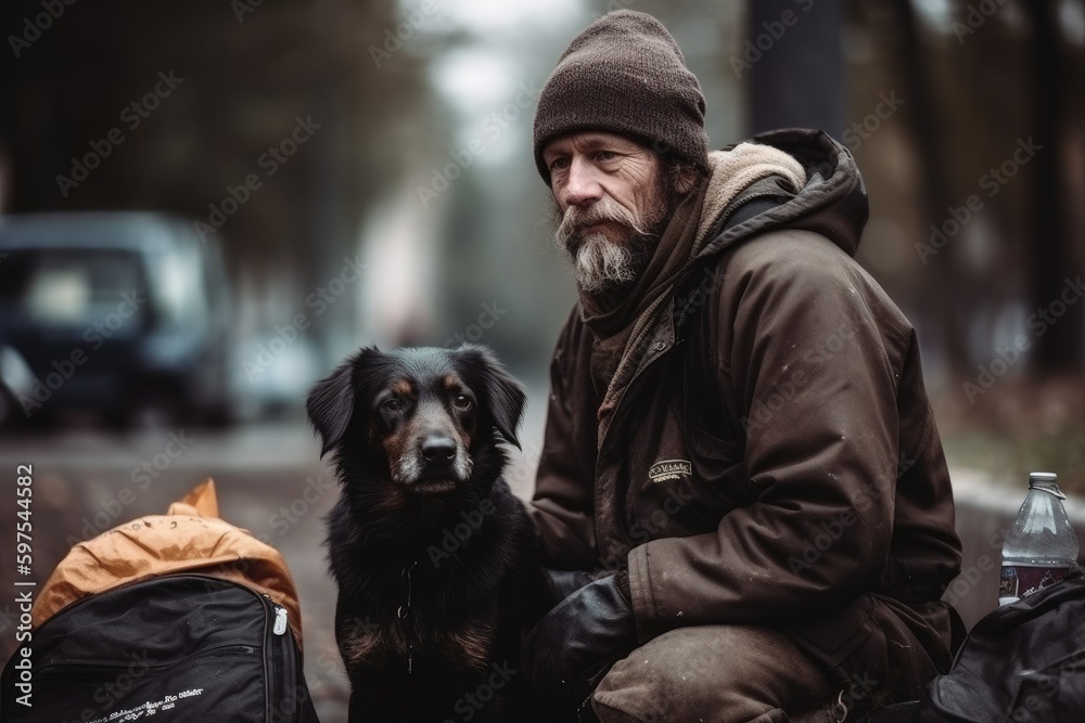 Fototapeta premium Life on the Fringes: Homeless, Drug-Addicted Man with Exhausted Dog