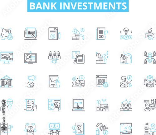 Bank investments linear icons set. Portfolio, Diversification, Yield, Return, Risk, Growth, Securities line vector and concept signs. Bonds,Equity,Dividends outline illustrations Generative AI