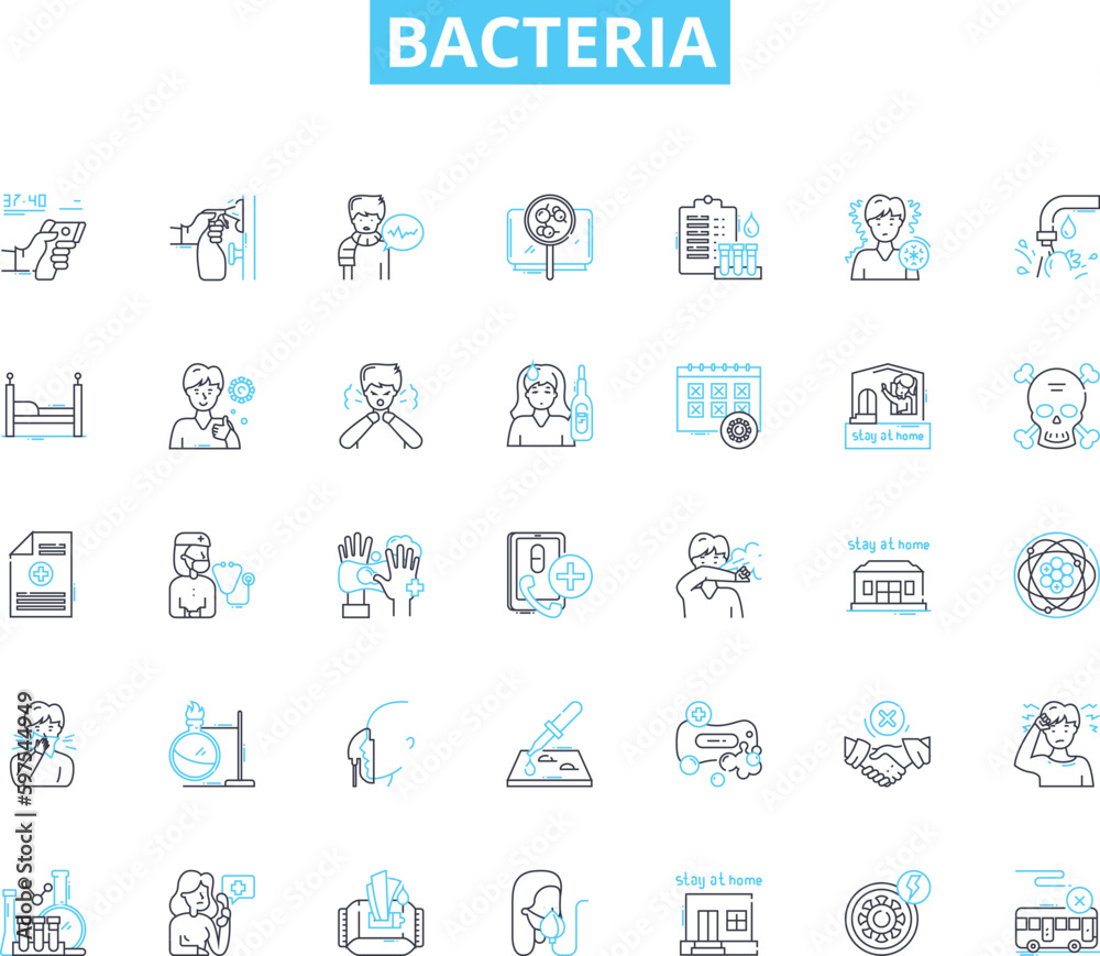 Bacteria linear icons set. Microbes, Pathogens, Germs, Prokaryotes, Virulence, Antibiotics, Plasmids line vector and concept signs. Pathogenesis,Endospores,Pili outline illustrations Generative AI