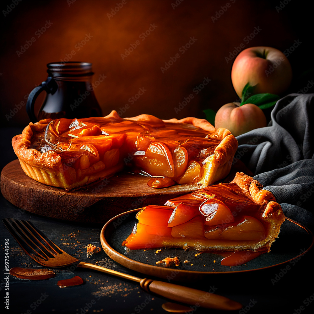 A warm slice of tarte Tatin, with caramelized apples and a buttery pastry crust - obrazy, fototapety, plakaty 